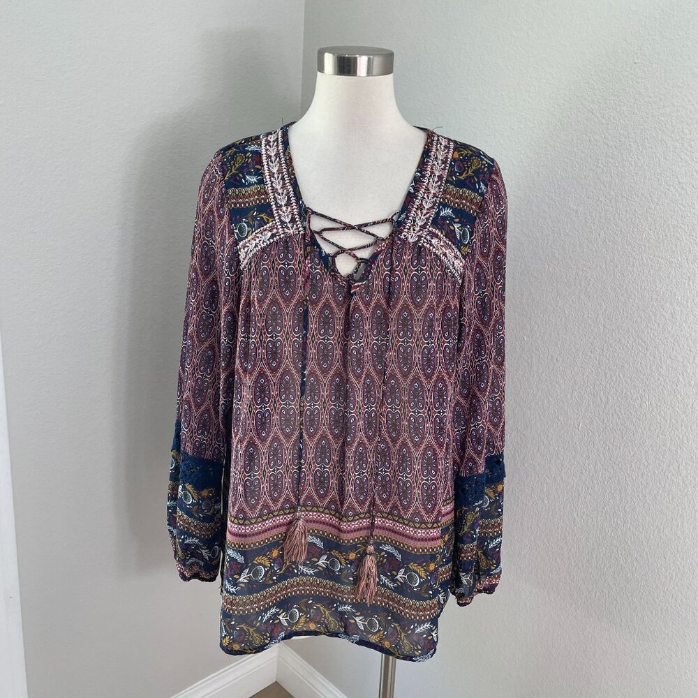 Knox Rose Womens Plus XXL Boho Tassel Lace Up Blouse Embroidered Long Sleeve Top